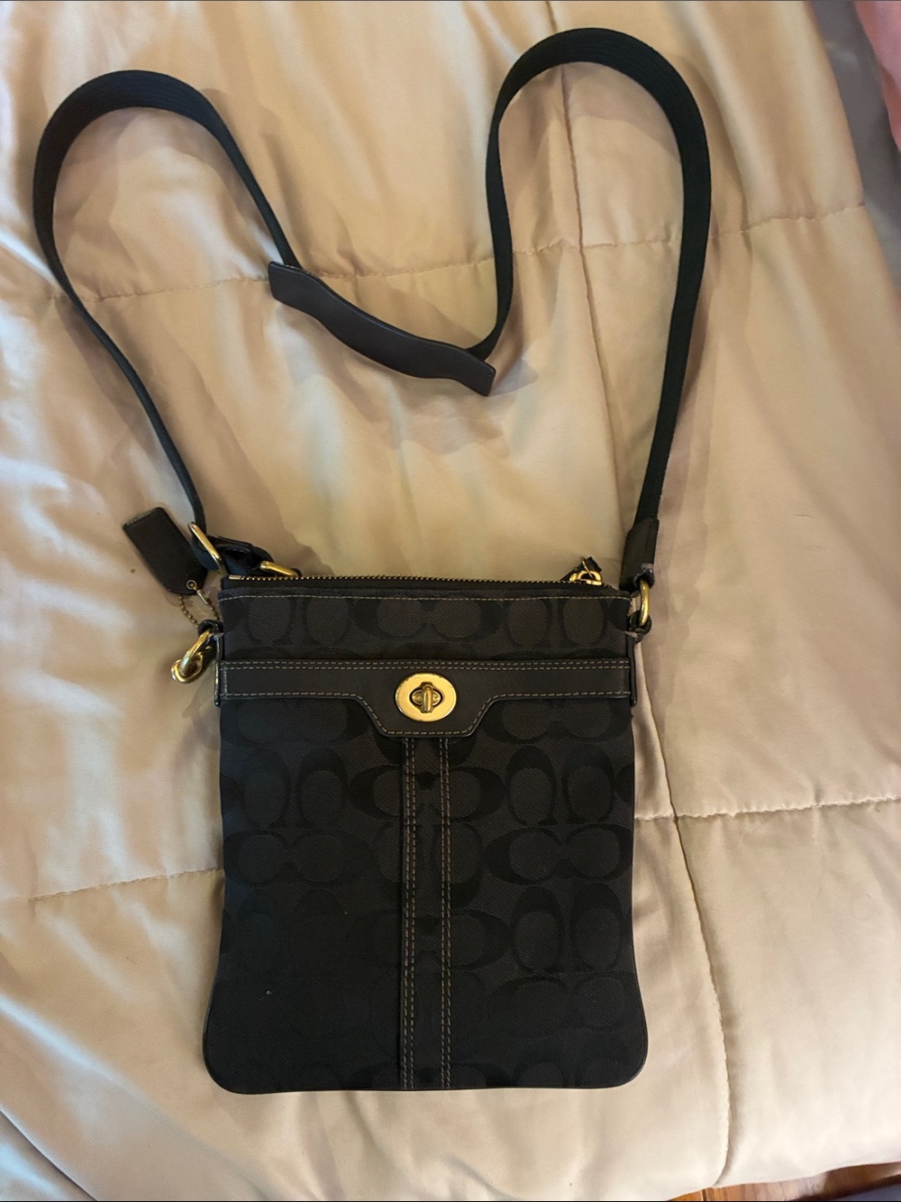 Coach Black Signature Crossbody with Gold Turnlock